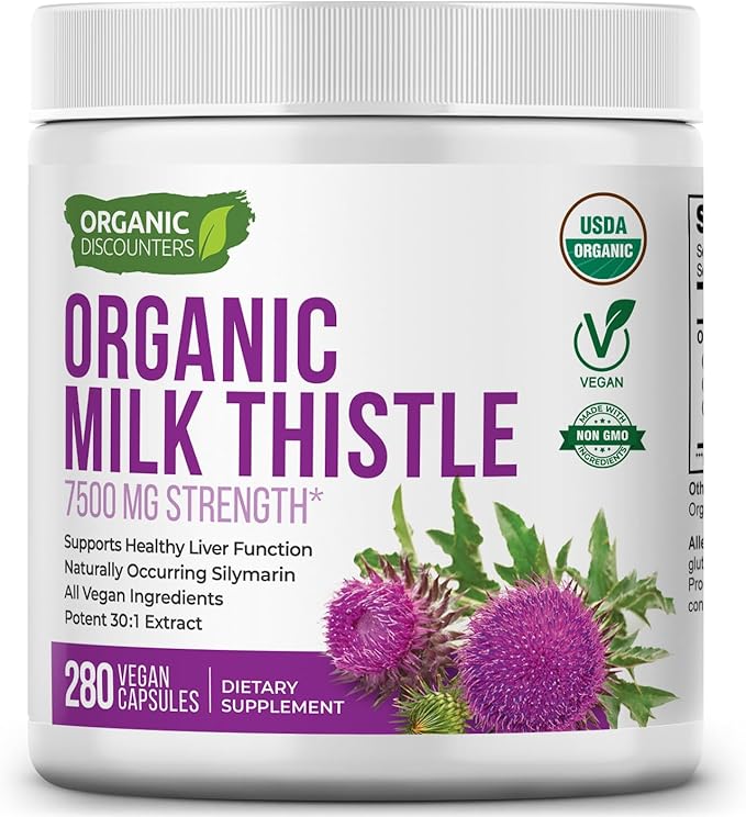 Organic Discounters Milk Thistle Capsules, 280 Count, 7500 mg Strength, Potent 30:1 Extract, USDA Certified Organic, Rich in Silymarin Flavonoids, Vegan, Non-GMO and All-Natural