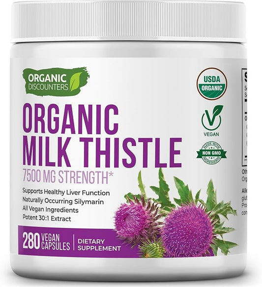 Organic Discounters Milk Thistle Capsules, 280 Count, 7500 mg Strength, Potent 30:1 Extract, USDA Certified Organic, Rich in Silymarin Flavonoids, Vegan, Non-GMO and All-Natural
