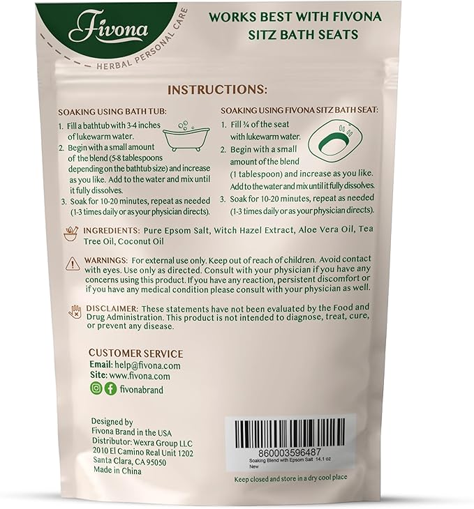 Fivona 2-in-1 Sitz Bath Soak Kit Over The Toilet Seat with Epsom Salt Blend with Essential Oils for Hemorrhoids and Postpartum Care Ideal for Perineal Soaking and Fast Irritation Relief