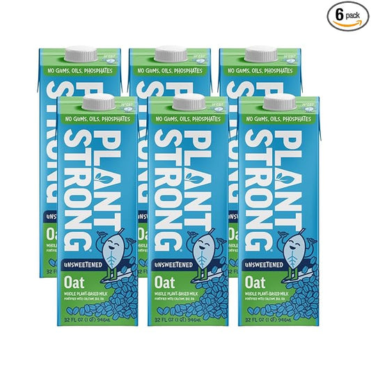 PLANTSTRONG Oat Milk Unsweetened 32oz (6 Pack) - NON-GMO - Plant Based, Vegan - Gluten Free Dairy Free - Shelf Stable - Lactose Free Milk - No Gums or Oils