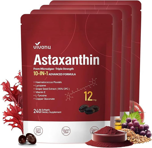 Astaxanthin 12mg, 960 Softgels, Fresh Haematococcus Pluvialis 10 in 1 Astaxanthin Antioxidant Supplements, Contains Lycopene, Grape Seed, Vitamin E, & More Supports Eye, Joints, Skin Health, 4 Bag