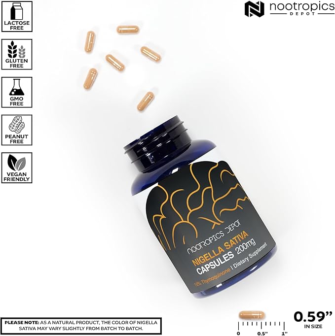 Nootropics Depot Nigella Sativa Extract Capsules | 200mg | 60 Count | Minimum 10% Thymoquinone Content | Black Seed Oil Extract | Supports Brain Health, Memory, Liver Health, and Immune Function