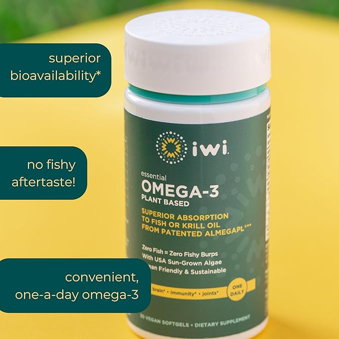 Iwi Omega-3 Essential, 60 Softgels (60 Servings), Plant-Based Algae Omega 3 with EPA + DHA, Brain, Heart & Immune Support Dietary Supplement, Krill & Fish Oil Alternative, No Fishy Aftertaste
