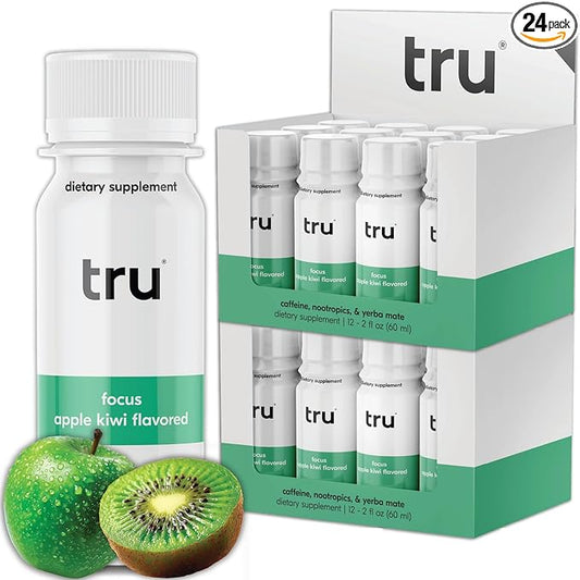 Tru Focus Shot, Apple Kiwi Flavored Extra Strength Energy Shots - Zero Sugar Nootropic Drink plus Adaptogens, Choline, and Yerba Mate - Natural Caffeine, GF, Keto, Vegan Supplement, 2oz (Pack of 24)