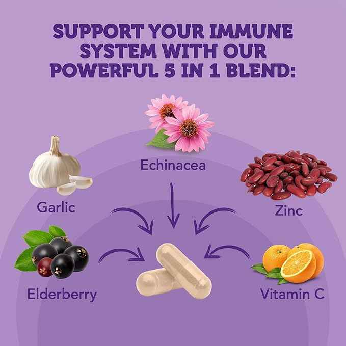 Vitamin Bounty Elderberry Organic Elderberry Capsules for Adults - Vitamin C and Zinc Supplement, & Echinacea, Immune System Support, Advanced 5-in-1 Blend, Non-GMO - 60 Capsules