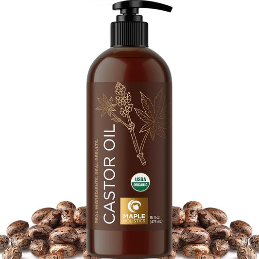 Organic Castor Oil for Hair Skin & Nails - USDA Organic Hexane Free Castor Oil for Skin Face Eyelashes Brows Stomach and Full Body Detox - Extra Virgin Non-GMO Vegan & Cruelty Free (16 Fl Oz)