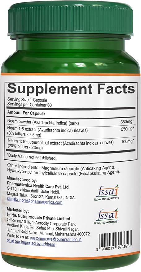Pure Nutrition Neem Capsules 700mg. (Equivalent to 2600mg Neem Leaf Powder and Bark Powder) Non GMO | Once Daily | 60 Days Supply.