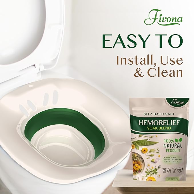 Fivona 2-in-1 Sitz Bath Soak Kit Over The Toilet Seat with Epsom Salt Blend with Essential Oils for Hemorrhoids and Postpartum Care Ideal for Perineal Soaking and Fast Irritation Relief