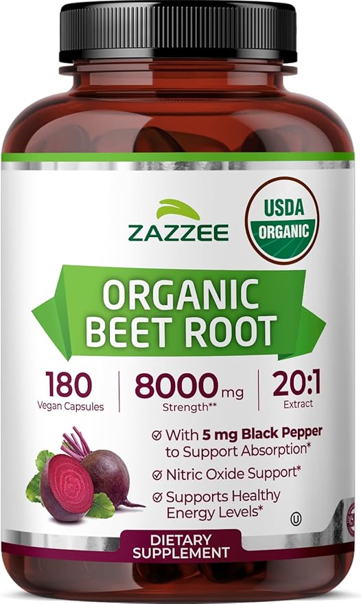Zazzee USDA Organic Beet Root 8000 mg Strength 20:1 Extract, 180 Vegan Quick Release Capsules, Black Pepper Extract for Enhanced Absorption, Supports Nitric Oxide Production, Non-GMO, Made in The USA