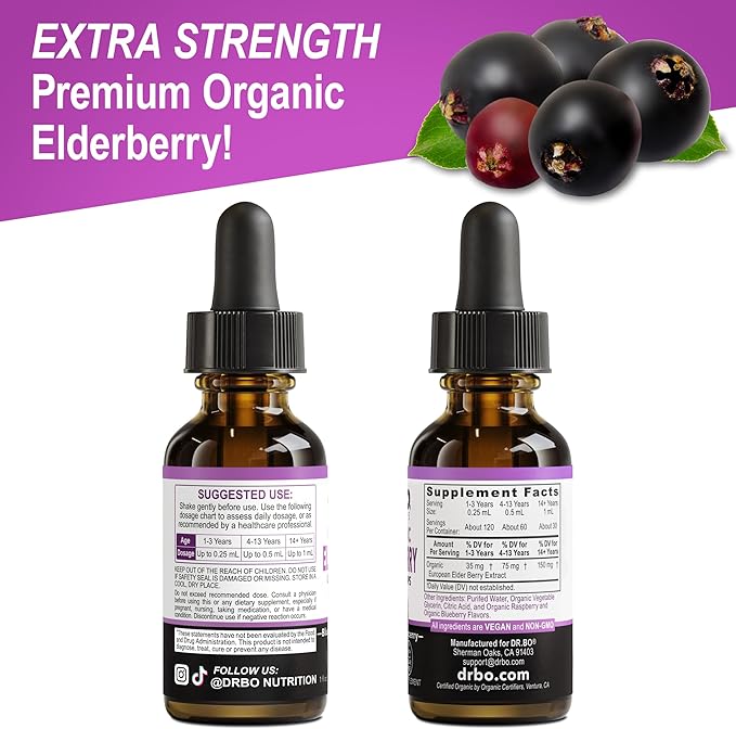 Elderberry Syrup Organic Liquid Drops - Sugar Free Immune Support Supplement for Adults & Kids, Ages 1 Immune Booster - Pure Organic Elderberry Syrup Liquid Drops Tincture Extract Concentrate 1 Fl Oz