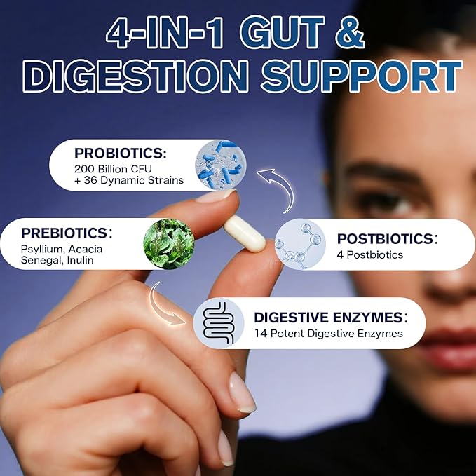 Digestive Enzymes Postbiotics Prebiotics Probiotics for Women & Men, 200 Billion CFU 36 Probiotic Strains + Psyllium Husk - Supports Gut, Digestive, Vegan, 60 Days