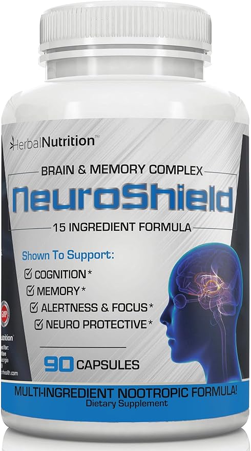 NeuroShield, Brain Supplement a Nootropic Brain Booster and Memory Supplement, Contains Huperzine A, Ginko Biloba, Bacopa Plus Antioxidants for Brain Health, Multi-Ingredients, 1 Bottle, 90 Capsules
