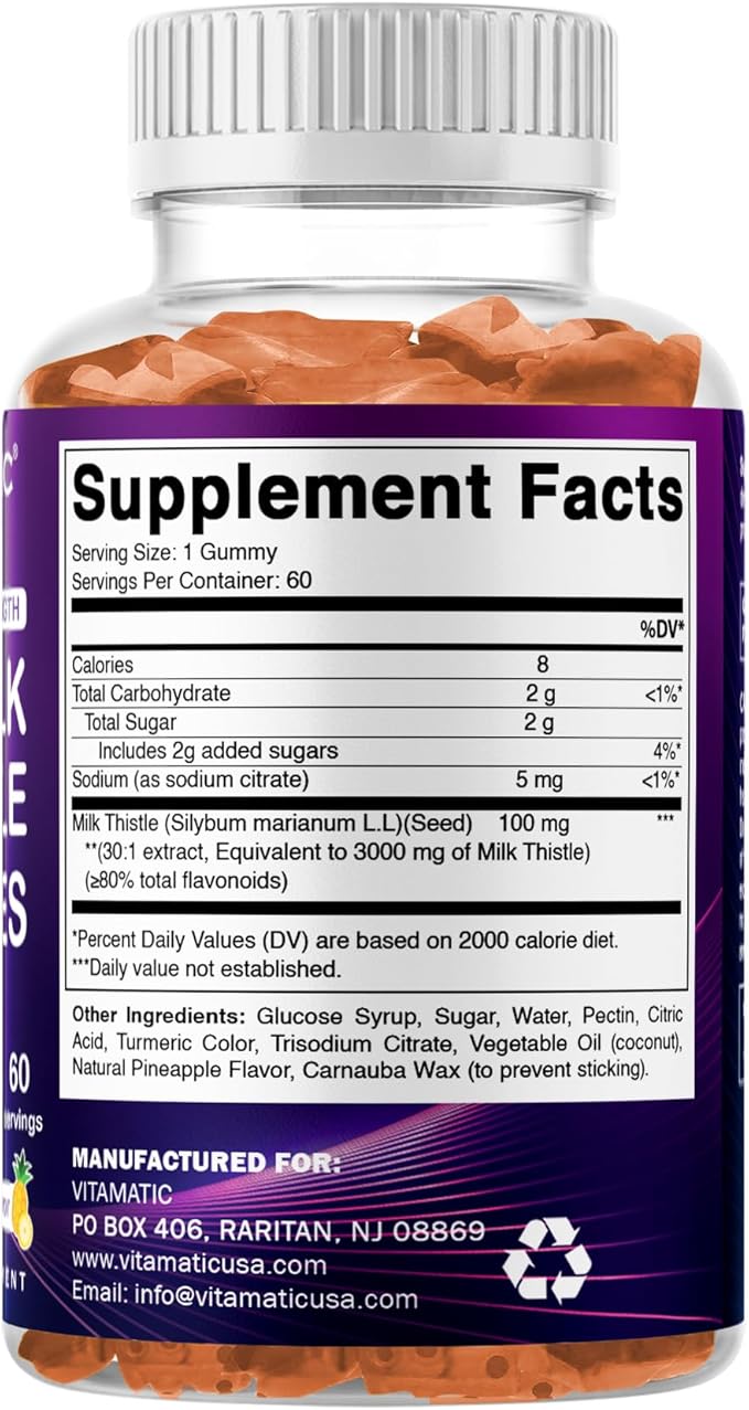 Vitamatic 2 Pack Milk Thistle Gummies- 10000 mg Equivalent Per Serving (from 50:1 Extract 200 mg)- Liver Detox & Anti Oxidant Health - Min. 80% Silymarin Flavonoids - 60 Pectin Based Gummies