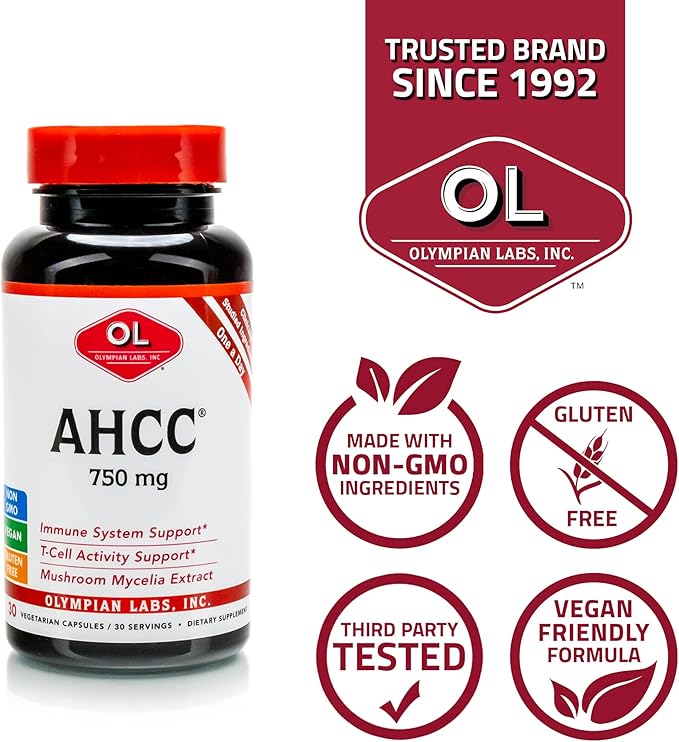 Olympian Labs Premium AHCC Supplement 750mg of AHCC per Capsule – Supports Immune Health, Liver Function, and Natural Killer Cell Activity- 30 Capsules