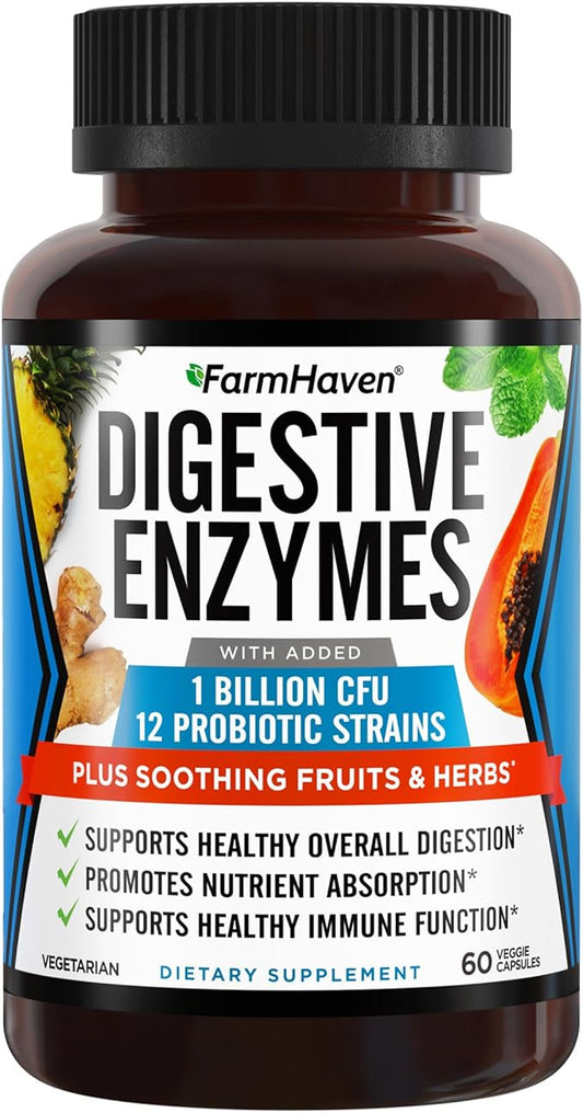FarmHaven Digestive Enzymes with 18 Probiotics & Herbs | Papaya, Bromelain, Protease & More for Lactose Absorption & Better Digestion | Helps Bloating, Gas, Constipation | Vegetarian, 60 Capsules