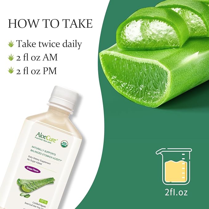 AloeCure USDA Organic Aloe Vera Juice Grape Flavor, Made Within 12 Hours of Harvest - Pure Aloe Vera Digestive & Immune Health Supplement, Helps Maintain Balanced Stomach Acidity, 16.7oz x 6 Btls