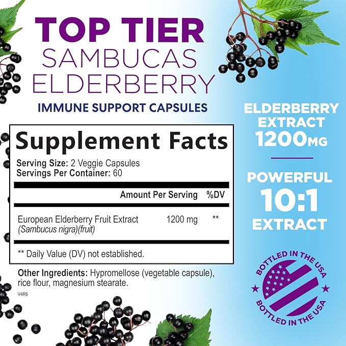 Elderberry Immune Support 1200mg Extract Capsules - Daily Immune Support for Adults with Concentrated Sambucus Black Elderberry Antioxidant - Gluten Free Vitamin, Non-GMO Supplement - 120 Capsules