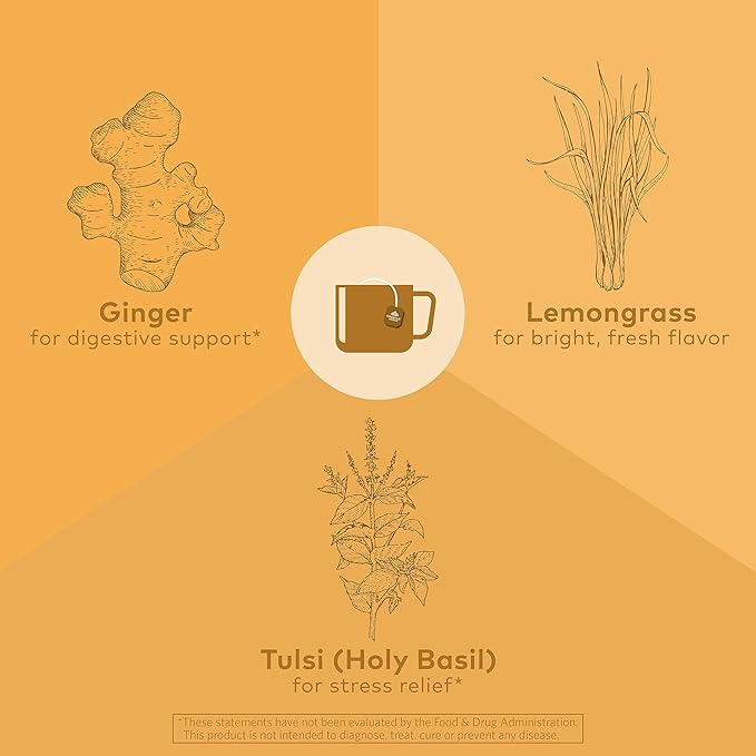 Organic India Tulsi Lemon Ginger Herbal Tea - Stress Relieving & Reviving, Immune Support, Aids Digestion, Vegan, USDA Certified Organic, Non-GMO, Caffeine-Free - 18 Infusion Bags, 3 Pack