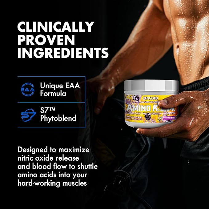Evogen Amino K.E.M. - EAA & BCAA Powder Pump Volumizer | BCAAs Amino Acids Supplement for Blood Flow, Muscle Growth, & Hydration | BlackBerry Lemonade | 30 Servings