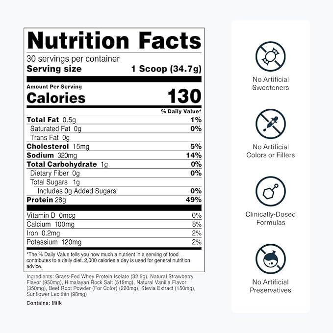 Transparent Labs Grass-Fed Whey Protein Isolate - Natural Flavor, Gluten Free Whey Protein Powder w/ 28g of Protein per Serving & 9 Essential Amino Acids - 30 Servings, Strawberry Milkshake