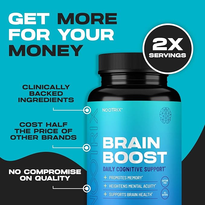 Brain Boost Nootropic Supplement | Supports Memory, Mental Focus, Cognitive Health & Energy | Promotes Healthy Mood & Brain Function | Ginkgo Biloba & DMAE | 180 Capsules