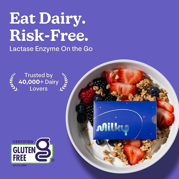 Milky Lactose Intolerance Pills - 10,800 FCC - Dairy Relief for Lactose Intolerance - Lactase Enzyme Tablets - Portable Credit Card Sleeves - Bloating & Gas Relief (48 Count Ultra Violet)