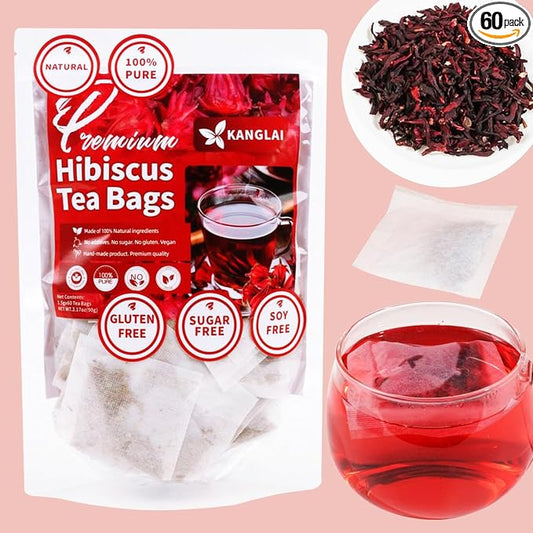Premium Hibiscus Tea Bags, 60 Count, 100% Pure & Natural Dried Hibiscus Flowers - No Sugar, Caffeine-Free, Gluten-Free, Vegan. Tart & Refreshing, Ideal for Hot or Iced Tea, Rich in Natural Goodness
