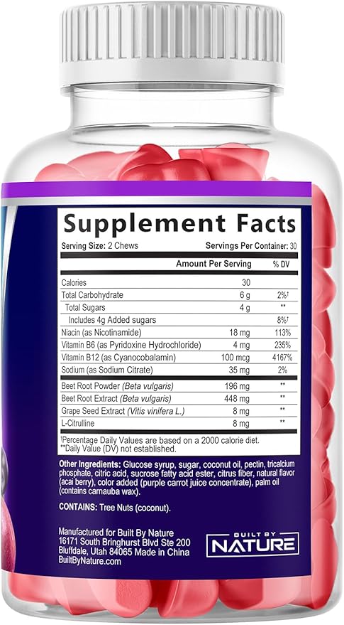 Built by Nature Heart Chews, Beet Root Nitric Oxide Blood Pressure Support, Grape Seed Extract & Non-GMO Beetroot Powder Energy Chews, Beets Heart Gummy Chews, Acai Berry Flavor, 60 Gummies