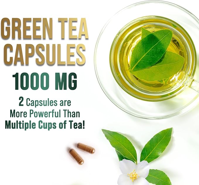 Green Tea Extract Capsules 1000mg with 98% Standardized Polyphenols & 45% EGCG for Heart Support with Antioxidants - 3X Absorption Green Tea Pills for Natural Energy, Gentle Caffeine - 240 Capsules
