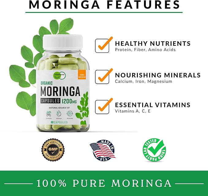 Organic Moringa, Nutrient-Dense Antioxidant Support with Vitamin C, A, E, Calcium, Potassium, Iron, Magnesium, Protein & Amino Acids for Hydration & Energy, Vegan, 1200 MG Per Serving, 90 CT