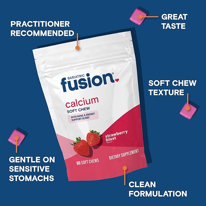 Bariatric Fusion Bariatric Calcium Supplement Chews | Calcium Citrate with Vitamin D3 Bariatric Vitamin | Sugar Free Chewable | 500mg | Strawberry | 60 Count