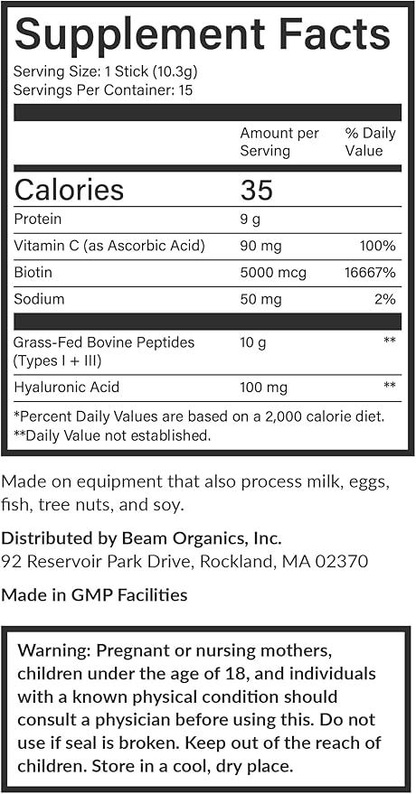 Beam Collagen Powder, Collagen for Women, Collagen with Hyaluronic Acid, Collagen Peptides Type 1 and 3, with Biotin, Grass Fed Bovine, Third-Party Tested, Best for Coffee, Vitamin C, 15 Servings