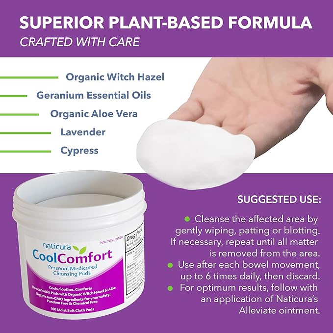 CoolComfort Personal Cleansing Pads with Organic Witch Hazel and Aloe Vera - All-Natural and Fast Acting Wipes for Hemorrhoid Burning, Itching, Pain and Swelling - 100 Pads - No Parabens - 2 Pack