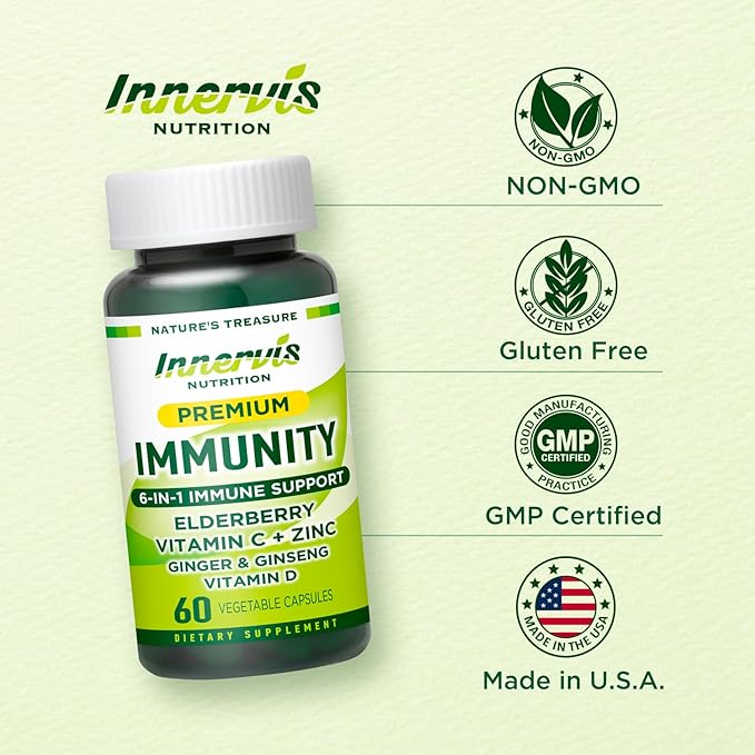 Premium Immunity 6-in-1 Support – Vitamin C 500mg, Vitamin D3 2500IU, Zinc, Elderberry, Ginger, Korean Ginseng – Immune Booster for Adults, Vegan Capsules, 1 Month Supply