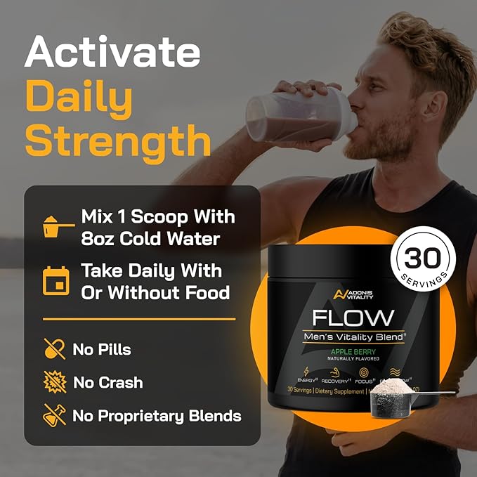 Flow - Nitric Oxide Supplements for Men - 5,000mg L-Citrulline, Supports Blood Flow, Recovery & Endurance - Nitric Oxide Booster, Ashwagandha, Fenugreek | Apple Berry, 30 Servings