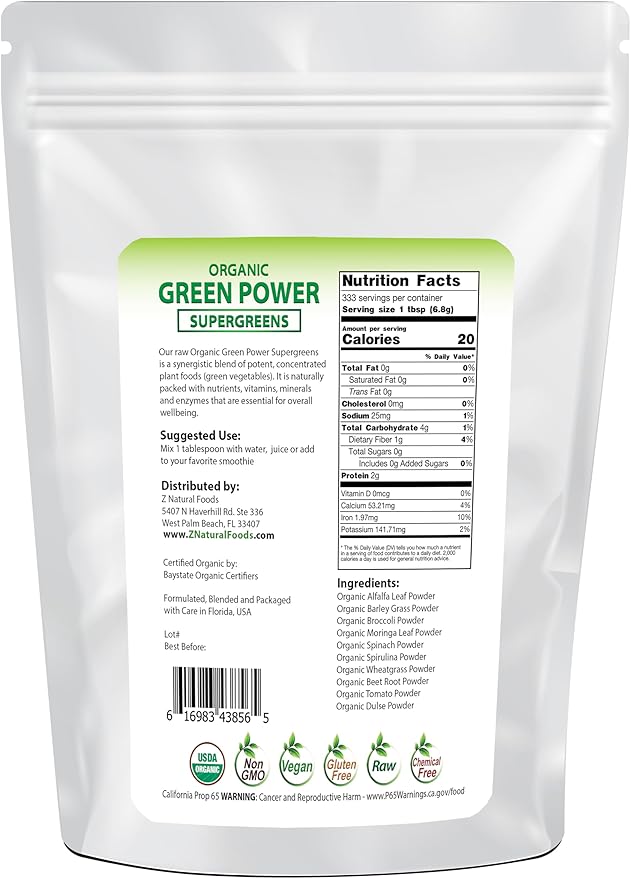 Z Natural Foods Organic Greens Superfood Powder - Barley Grass, Wheatgrass, Spirulina, Spinach, Broccoli, Alfalfa Leaf, Beet Root, Tomato, Dulse & Moringa - Raw Vegan Gluten Free - 5lbs