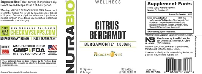 NutraBio Citrus Bergamot Bergamonte Extract Supplement, 1,000mg - May Help Promote Cardiovascular Health and Wellness, 90 Capsules