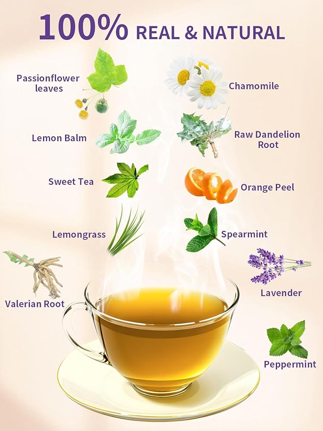 TeeLux Chamomile Passionflower Tea, Caffeine Free Tea with Lemon Balm, Spearmint, Valerian Root, Lavender, Soothing & Smooth Taste, 50 Count