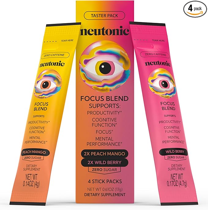 Neutonic Nootropic Focus Blend Powder | Peach Mango & Wild Berry 4 Sticks | Caffeine Free, Zero Sugar | Support Memory, Mental Clarity, Cognitive Function | Boost Focus, Energy, Brain Health