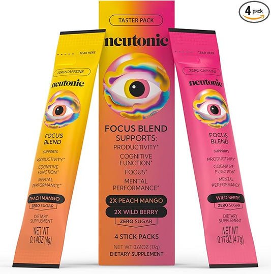 Neutonic Nootropic Focus Blend Powder | Peach Mango & Wild Berry 4 Sticks | Caffeine Free, Zero Sugar | Support Memory, Mental Clarity, Cognitive Function | Boost Focus, Energy, Brain Health