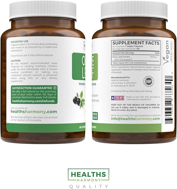 Super Strength Olive Leaf Extract Capsules - Vegan Non-GMO 750mg Olive Extract with 20% Oleuropein Antioxidant Supplement for Immunity Skin and Heart Health Support - Made in The USA (2 Month Supply)