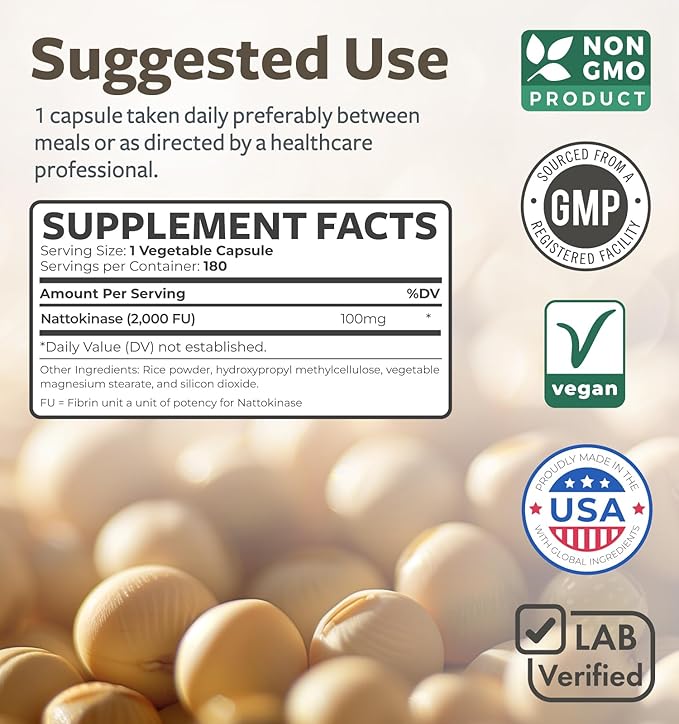 Healths Harmony Nattokinase 2000 FU (Non-GMO) Powerful Nattokinase Supplement Made from Naturally Fermented Soybeans - (6 Month Supply) 180 Vegan Natto Capsules