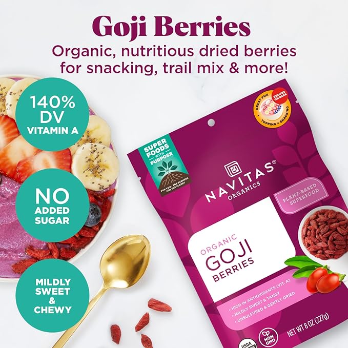 Navitas Organics Goji Berries – For Smoothies, Trail Mix, Baked Goods, Oatmeal & More – Vitamin A, Antioxidants, Fiber – Wolfberry - USDA Organic, Non GMO, Gluten Free, Vegan (8oz. Bag, 8 Servings)