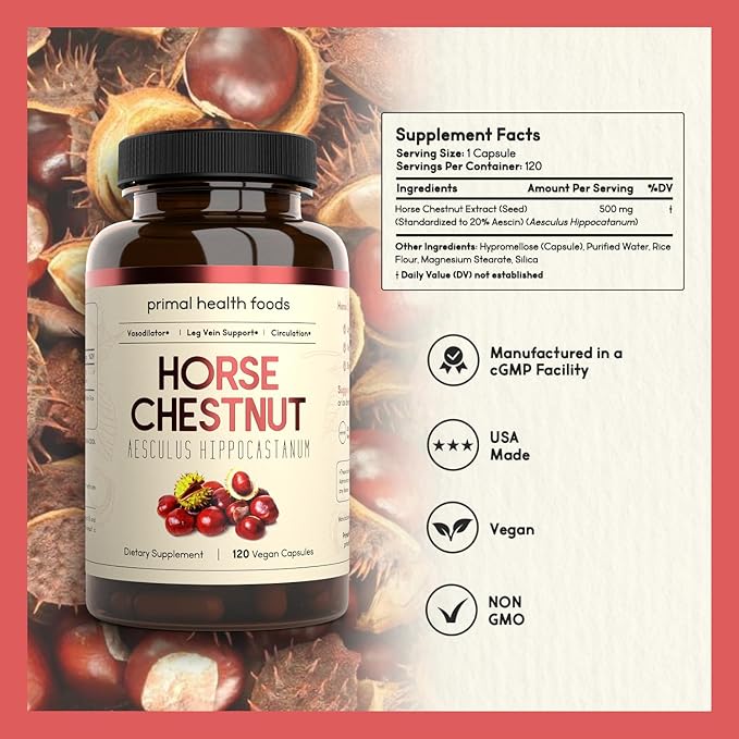 Horse Chestnut Extract 500 mg 120 Servings | Varicose Veins and Blood Vein Health | Vegetarian, Non-GMO & Gluten Free