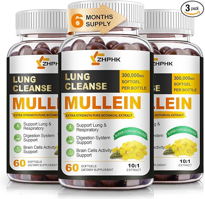 Mullein Leaf Extract for Lungs Softgels, Lung Detox for Smokers， Lung Cleanse Respiratory Lung Support, Herbal Supplements, Vegan, Non-GMO, Immune Digestive Support, 180-Count, 180 Days Supply