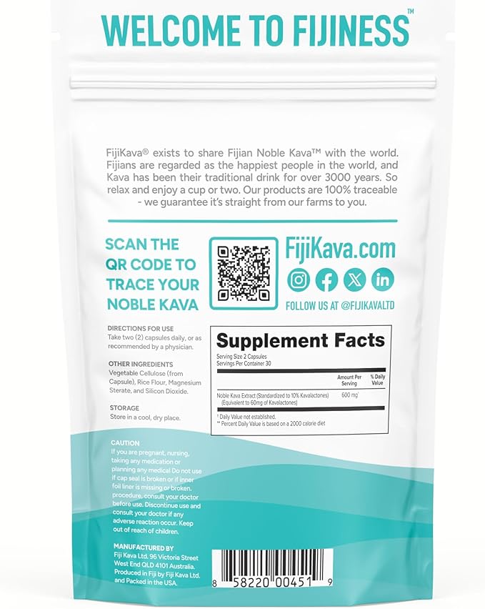FijiKava Noble Kava Kava Capsules, 600mg Kavalactones Per Serving, Natural Relaxation & Sleep Support Supplement, Vegan & Non-GMO, 60-Count, Premium Piper Methysticum Extract for Calm & Stress Relief