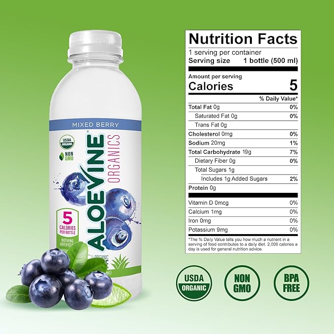Aloe Vera Juice, No-Pulp Organic Drink, Healthy with Aloe Powder and Lemon Juice, 5 Calories, Low Sugar, No Artificial Ingredients, 16.9 oz, 12 Pack, Mixed Berry - Aloevine