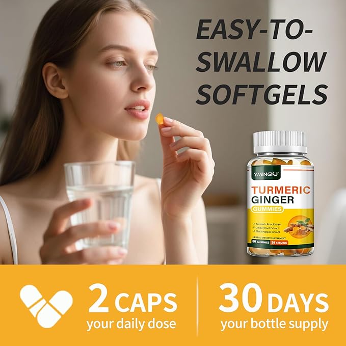 Turmeric Ginger Gummies with Black Pepper, 500 mg Turmeric Curcumin Supplement for Immune Support, Healthy Skin, and Mobility 60 Count Non-GMO Gluten-Free