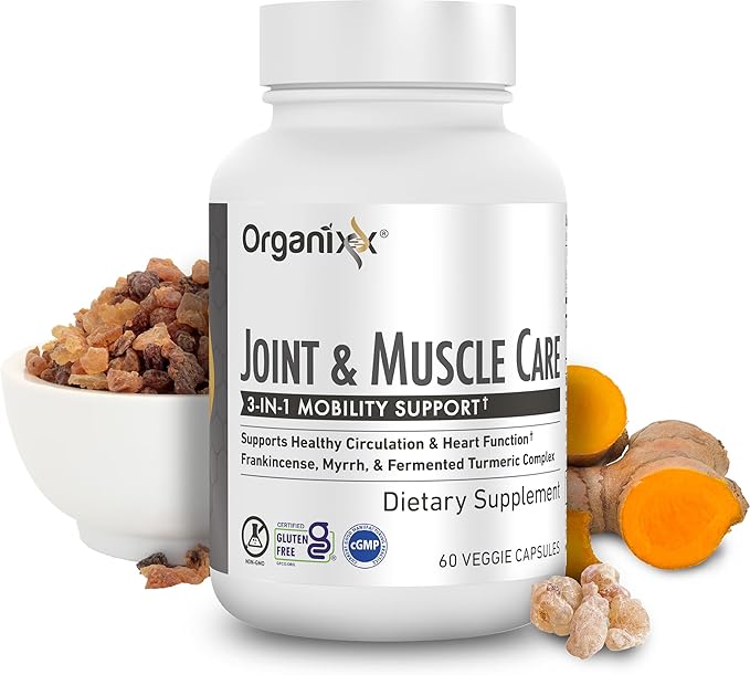 Organixx Joint & Muscle Care Organic Turmeric Supplement, 3-in-1 Frankincense, Turmeric and Myrrh Joint Health & Joint Support Supplement Body Care Capsules, Supports Swelling, Tension, 60 Capsules