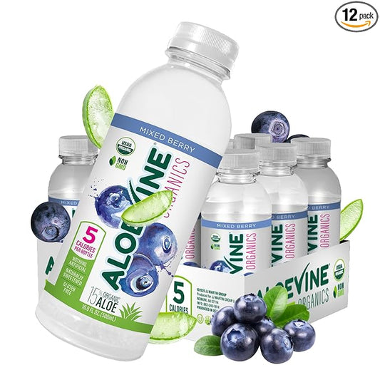 Aloe Vera Juice, No-Pulp Organic Drink, Healthy with Aloe Powder and Lemon Juice, 5 Calories, Low Sugar, No Artificial Ingredients, 16.9 oz, 12 Pack, Mixed Berry - Aloevine
